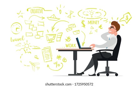 The creative Director reflects on the business. Vector flat illustration, a man sitting in a chair at a laptop and thinking about a project.