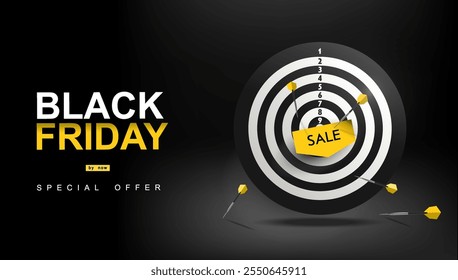 Creative discount banner on Black Friday theme. Special offer to reduce the price of goods. Big sale. Target with discount and flying darts hitting the target on black background. Buy now