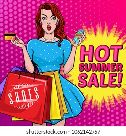 Creative discount banner or sale poster of "hot summer sale" in Pop art style. Amazed pretty woman holding shopping bags in one hand and smartphone in the other. 