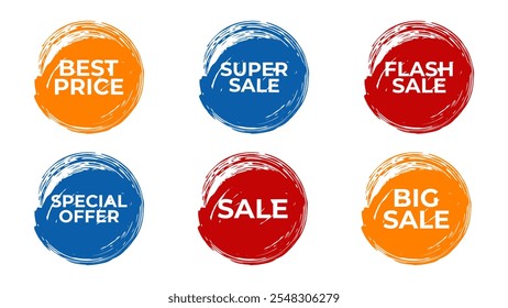Creative Discount Labels and sale stickers painted brush strokes. For advertising web banner social network email. Bright and attractive design. Vector illustration.