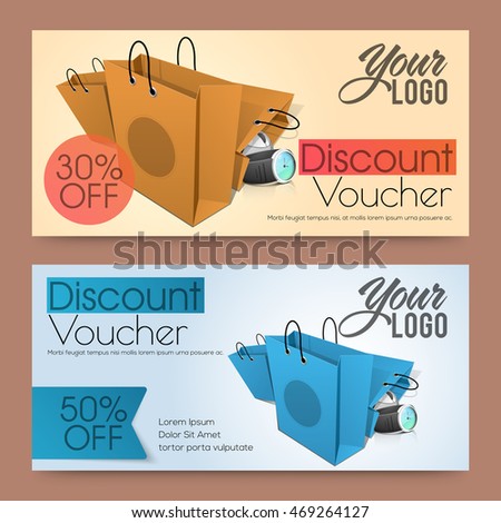 Creative Discount Voucher, Gift Card or Coupon design with illustration of paper shopping bags.