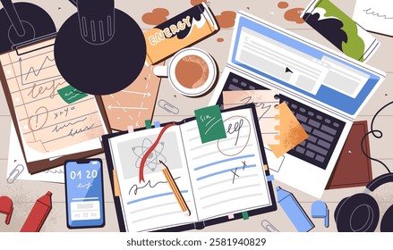 Creative disorder is in student workplace while learning process top view. Mess, cup, can are on dirty desk. Messy table with open notebook, laptop, stationery and clutter. Flat vector illustration