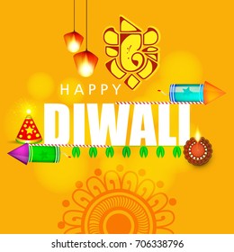 Creative Diwali Greeting design on colorful background with floral rangoli design and Line art Traditional floral diya / burning lamp with Happy Diwali Text ,fire cracker & Lantern with Lord Ganesh 