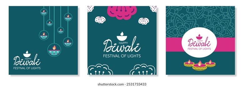 Criativa Diwali Hindu festival de luzes modelo de saudação definido com lâmpada de óleo, formas, mandala e fundo verde para marca, mídias sociais, cartão de saudação, web, banner, capa, flyer ou cartaz