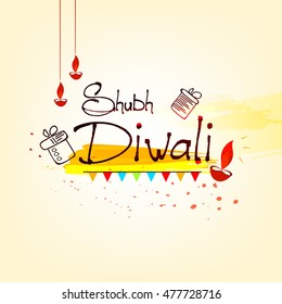 Creative Diwali text Line Art based Greeting Card Design with Diyas & Gifts on decorative background for the Hindu Festival Happy Diwali.