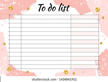 Creative to do list with gold glitter sparkles on pink brushstroke background. Stylish fashion organizer and schedule. Planner template for print, wedding, school. Vector illustration.