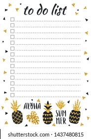 Creative to do list with gold glitter pineapples in scandinavian style. Stylish fashion organizer and schedule, black and gold color. Planner template for print, wedding, school. Vector illustration.