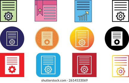 Creative document icon with gear symbol, representing settings, configuration,or technical file.Ideal for apps,websites, software,and digital tools.Flat,modern design.12 icons set in different colors