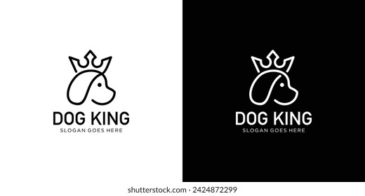 Creative Dog King Logo. Royal Pet, Dog Head and Crown with Linear Outline Style. Pet Logo Icon Symbol Vector Design Template.