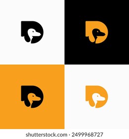 A creative dog logo presented in four variations, each combining different color schemes of black, white, and orange.stylized duck head within a rounded 'D' shape