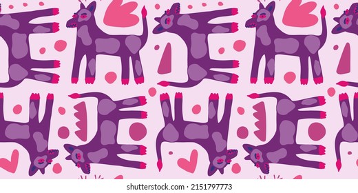 Creative dog seamless pattern. Naive art style. Cute animals endless wallpaper. Contemporary doggy endless backdrop. Design for fabric, textile print, wrapping, card, cover. Vector illustration