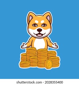 Creative Doge Shiba Inu with Bitcoin Piles Cartoon Logo