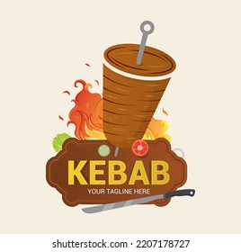 Elemento del logo de Creative Doner kebab. emblema de Shawarma. Restaurante turco de comida rápida, cafetería barbacoa o barra de parrilladas símbolo de brocheta o de escupir giratorio con carne a la parrilla.