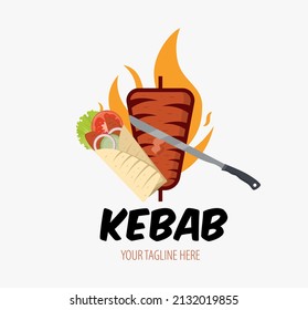 Logo de Creative Doner kebab con elemento de llama. emblema de Shawarma. Restaurante turco de comida rápida, cafetería barbacoa o barra de parrilladas símbolo de brocheta o de escupir giratorio con carne a la parrilla.