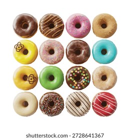 Creativo Vector de surtido de donas con estilo moderno de postre de panadería y vibrantes colores glaseados