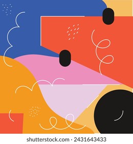 Creative doodle abstract print with different shapes and textures. Collage of colored slpashes and squiggles. Vector illustration