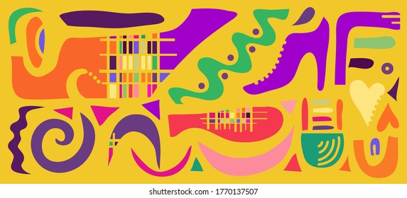 Creative doodle Art Hintergrund. Abstrakter Header mit verschiedenen Formen und Texturen. Collage-Muster. Vektorgrafik