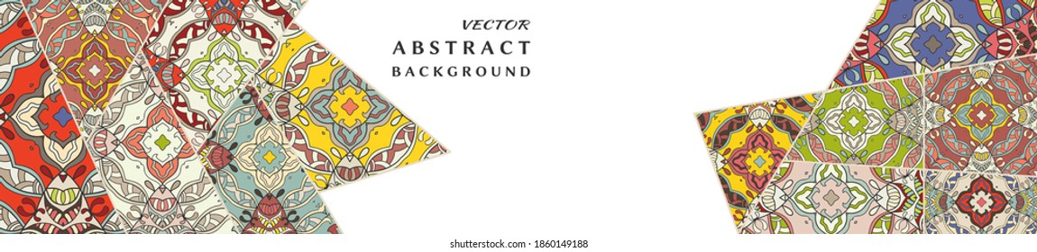 Creative doodle art banner background. Abstract header with different shapes and textures. Vector patchwork quilt pattern. Vintage decorative collage. Hand drawn background.