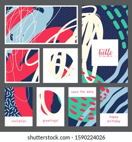 Creative doodle art cards with different shapes and textures. Collage. Vector