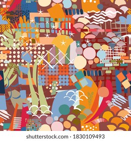 Creative doodle art. Colorful seamless pattern with different different elements and shapes. Bright vector illustration