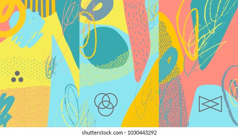 Creative doodle art header with different shapes and textures. Collage. Vector