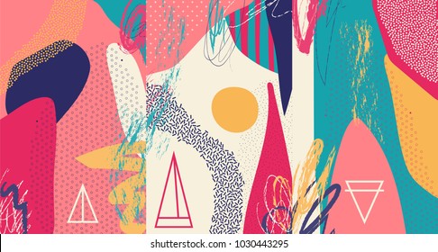 Creative doodle art header with different shapes and textures. Collage. Vector