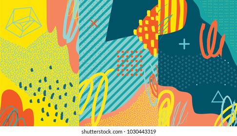 Creative doodle art header with different shapes and textures. Collage. Vector