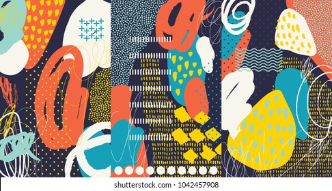 Creative doodle art header with different shapes and textures. Collage. Vector