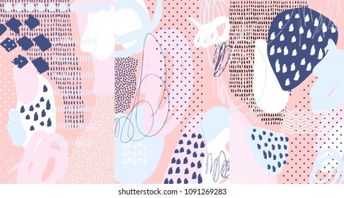 Creative doodle art header with different shapes and textures. Collage. Vector