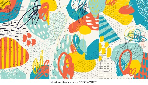 Creative doodle art header with different shapes and textures. Collage. Vector