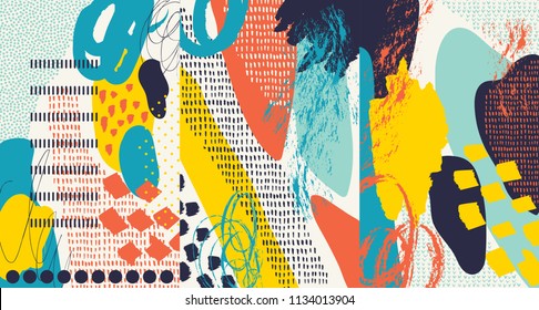 Creative doodle art header with different shapes and textures. Collage. Vector