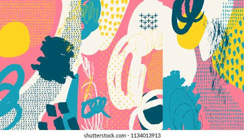 Creative doodle art header with different shapes and textures. Collage. Vector