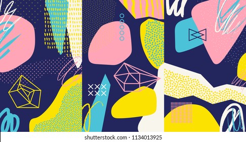 Creative doodle art header with different shapes and textures. Collage. Vector