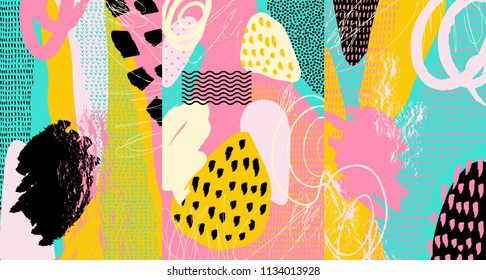 Creative doodle art header with different shapes and textures. Collage. Vector
