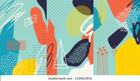 Creative doodle art header with different shapes and textures. Collage. Vector