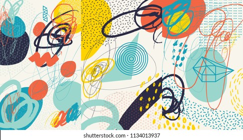 Creative doodle art header with different shapes and textures. Collage. Vector