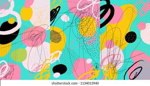 Creative doodle art header with different shapes and textures. Collage. Vector