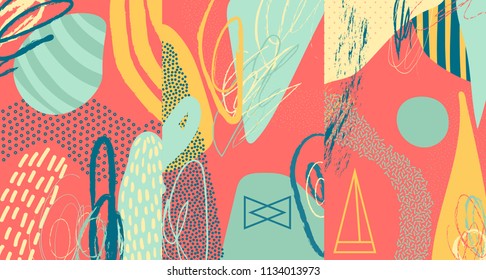 Creative doodle art header with different shapes and textures. Collage. Vector