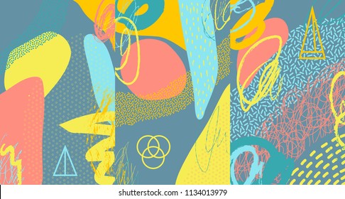 Creative doodle art header with different shapes and textures. Collage. Vector