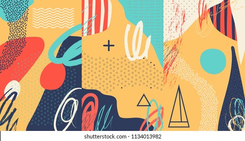 Creative doodle art header with different shapes and textures. Collage. Vector