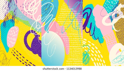 Creative doodle art header with different shapes and textures. Collage. Vector