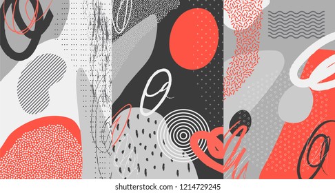 Creative doodle art header with different shapes and textures. Collage. Vector