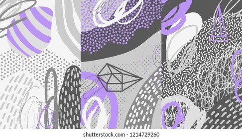 Creative doodle art header with different shapes and textures. Collage. Vector