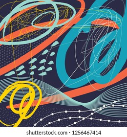 Creative doodle art header with different shapes and textures. Collage. Vector