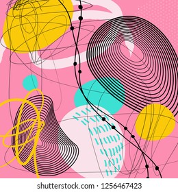 Creative doodle art header with different shapes and textures. Collage. Vector