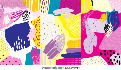 Creative doodle art header with different shapes and textures. Collage. Vector