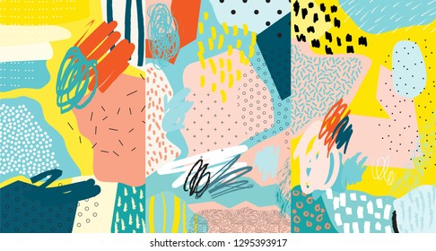 Creative doodle art header with different shapes and textures. Collage. Vector