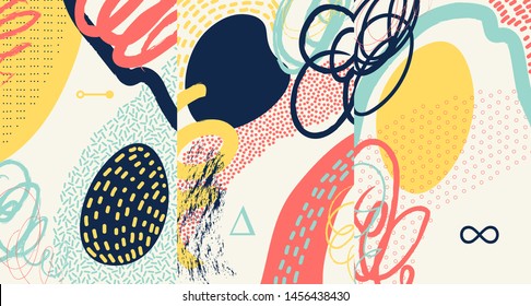 Creative doodle art header with different shapes and textures. Collage. Vector