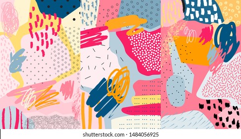 Creative doodle art header with different shapes and textures. Collage. Vector
