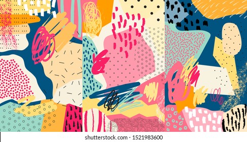 Creative doodle art header with different shapes and textures. Collage. Vector